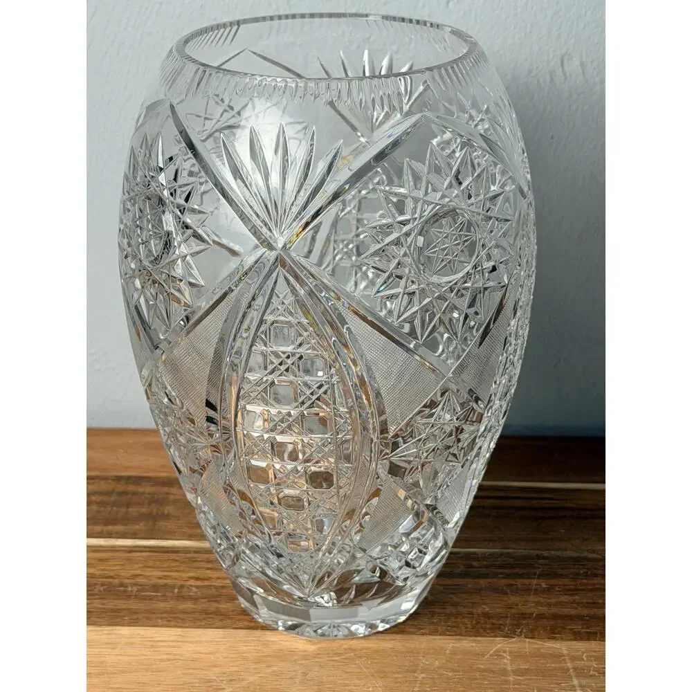 Vintage Hand Cut Crystal Vase, American Brilliant Hobstar Fan Pattern